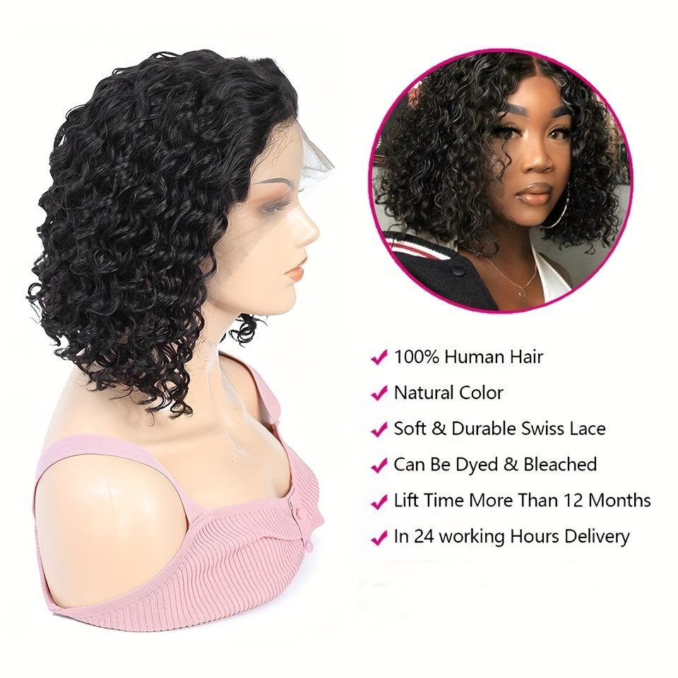 180% Density Water Wave Lace Frontal Short Bob Wig - Lace Wigs for Women with 13x4x1 T Part HD Transparent Lace, Pre Plucked, Natural Color, Middle Part, Water Curly Lace Part